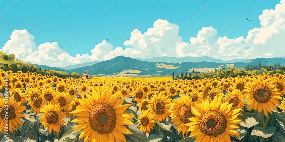 Obraz premium A vibrant field of sunflowers under a clear blue sky and mountains in the background.