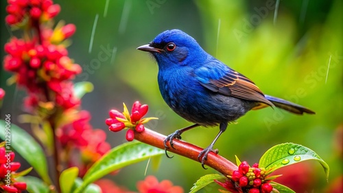 Macro Photography of Slaty Flowerpiercer on Vibrant Flower in Costa Rican Rainforest, Capturing Nature's Beauty Amidst Lush Greenery and Tropical Wildlife photo