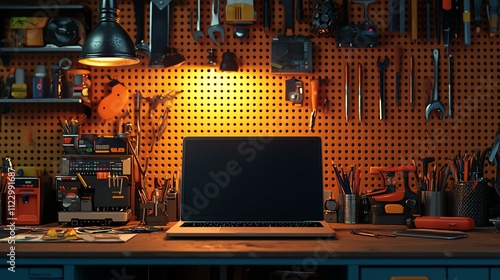 Laptop on workbench surrounded by tools in a dimly lit workshop with wooden pegboard.
