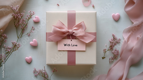 gift box, pink ribbon, with love tag, romantic flat lay, pastel decor, hearts, delicate flowers, Valentine's Day mood, soft elegance