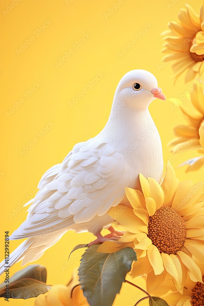 Obraz premium A white dove full body sunflower yellow background