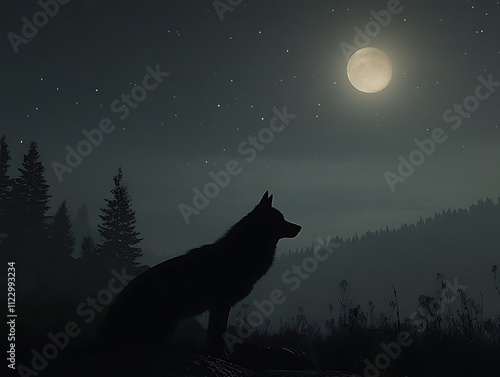 Enchanting Night Wolf Under Moonlight for Mystical and Nature Background photo