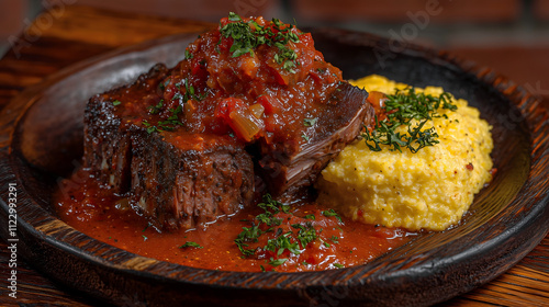 An Italian delicacy, stracotto d'asino, a slow-cooked donkey meat stew with rich tomato sauce, served with polenta on a rustic wooden plate photo