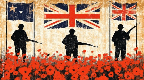 Silhouettes of soldiers in WWI era, standing guard in a field of poppies with national flags.