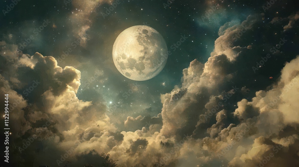 Obraz premium Full moon celestial cloudscape at night.