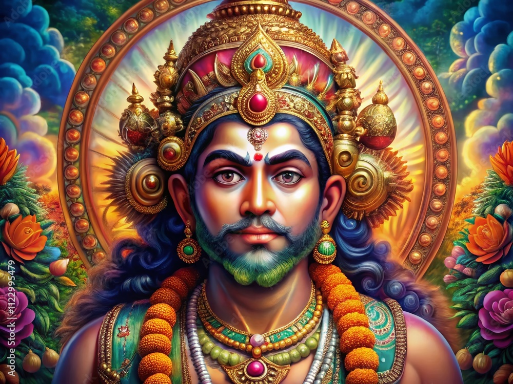 Fototapeta premium Majestic Portrait Photography of Anjaneya with Vibrant Colors and Intricate Details, Perfect for Spiritual and Cultural Wallpapers