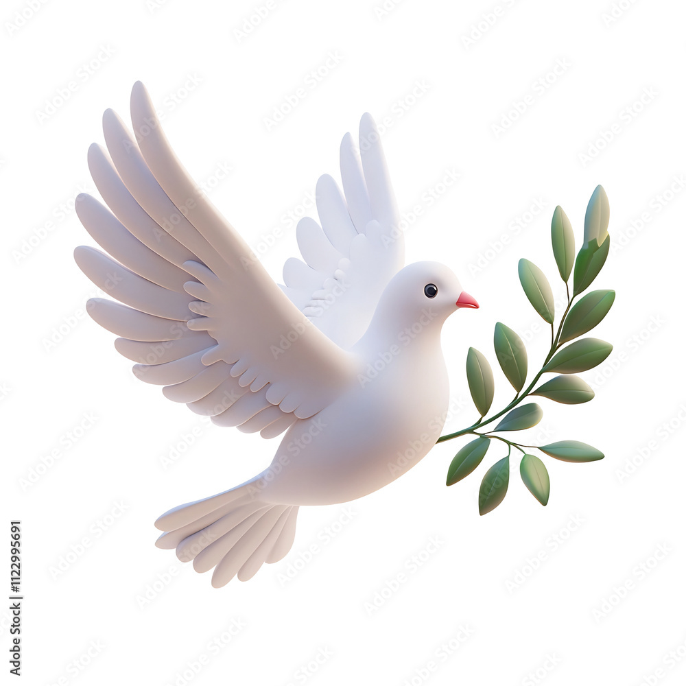 Fototapeta premium 3D Dove with Olive Branch Icon on Minimal White Background