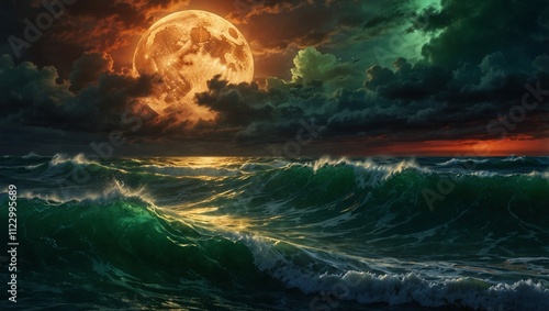 ocean view at night with beautiful moon background made by AI generative