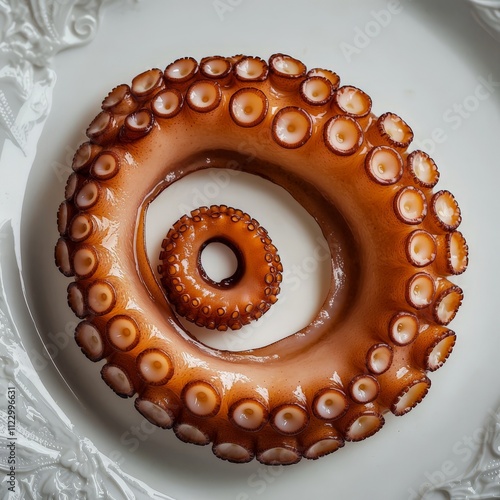 Octopus tentacles arranged in concentric circles on a white plate, highlighting their texture and glossy surface. Ideal for seafood branding, culinary blogs, or restaurant displays. AI generated. photo