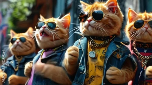 group of trendy fluffy cats in sunglasses chains and jewelry dancing on a city street. generation AI.