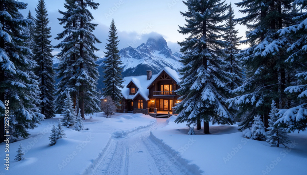 Charming winter cabin illuminated by warm lights surrounded by snowy trees and mountains Charming winter cabin illuminated by warm lights surrounded by snowy trees and mountains