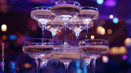 A tiered champagne fountain with sparkling champagne at a festive gathering.