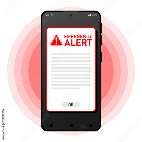 Receiving emergency alert on phone device with warning notification. Flat vector illustration