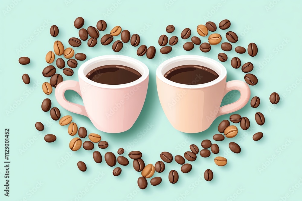 Obraz premium Two coffee cups surrounded by coffee beans, forming a heart shape, ideal for romantic or cozy themes.