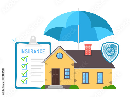 House insurance concept. Real estate protection, flat cartoon house protected under umbrella, home safety, security. Vector illustration