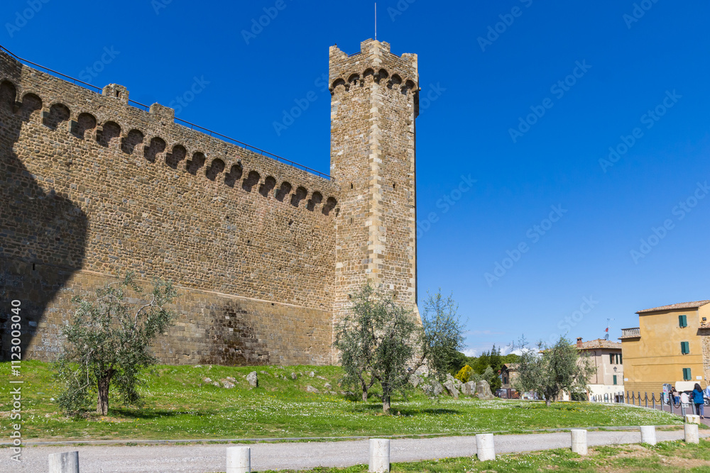 Corner tower of the histotric fortress in Montalcino, Italy