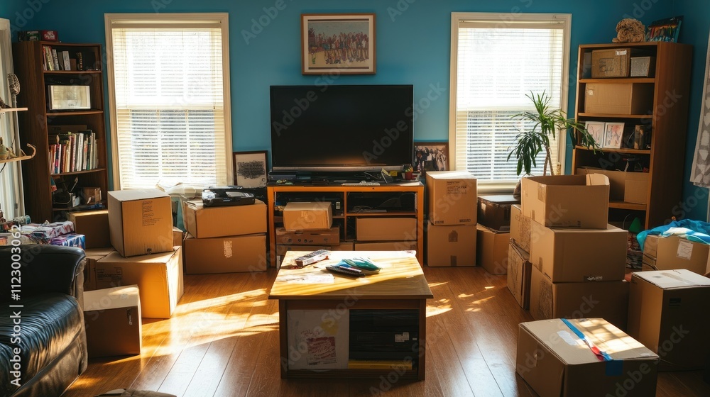 Naklejka premium A living room packed with cardboard boxes, with a coffee table and TV barely visible.