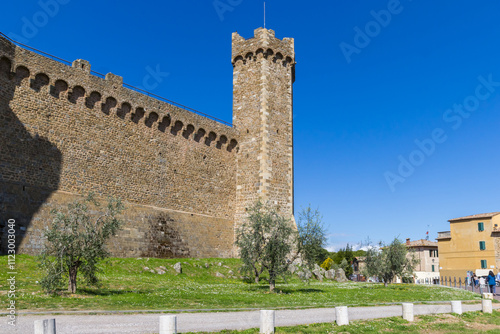 Corner tower of the histotric fortress in Montalcino, Italy photo