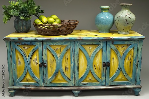 Handcrafted cabinet featuring intricate lattice work and vibrant neon accents on light gray finish photo