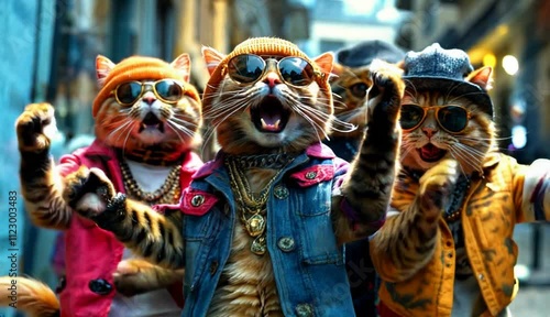 group of trendy, fluffy cats in sunglasses, chains and jewelry, singing on a city street. generation AI.