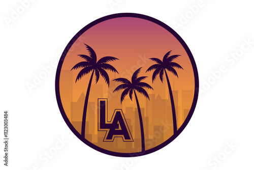 Postcard with landscape of American city of Los Angeles in California. Cityscape with skyscrapers, palm trees and sun. Tourism and vacation. Cartoon flat vector illustration