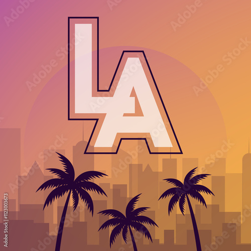 Postcard with landscape of American city of Los Angeles in California. Cityscape with skyscrapers, palm trees and sun. Tourism and vacation. Cartoon flat vector illustration