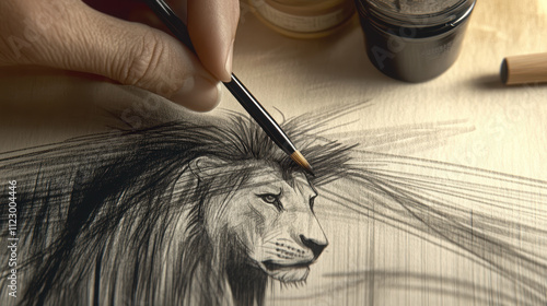 hand holding paintbrush creates detailed sketch of lion, showcasing artistic talent and creativity. scene includes art supplies like ink and paint, enhancing artistic atmosphere photo