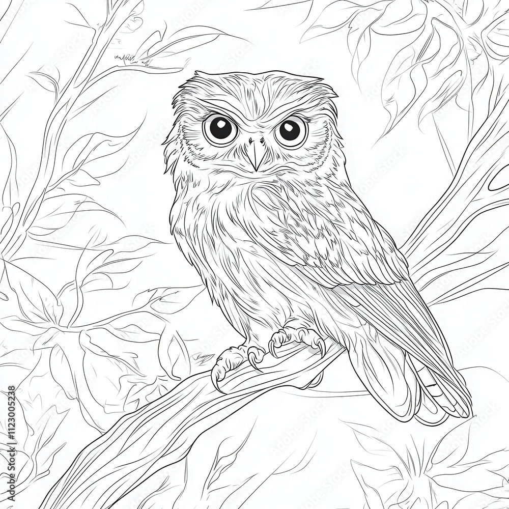 Fototapeta premium Detailed line drawing of a small owl perched on a branch amidst foliage.