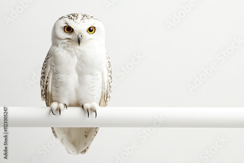 An eagle owl gripping a smooth white rod minimalistic white floor and background photo