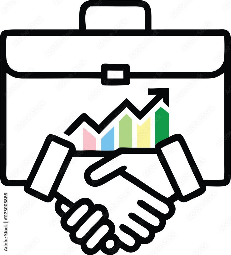 Outline vector icon of a handshake, briefcase, and growth chart, symbolizing business partnerships, success, and economic growth Outline vector icon of a handshake, briefcase, and growth chart, symbolizing business partnerships, success, and economic growth
