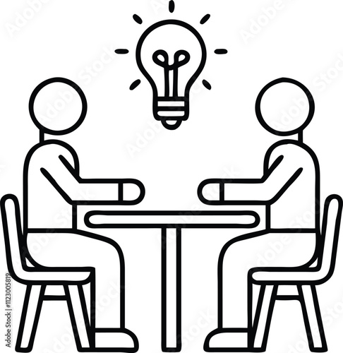 Outline vector icon of two people sitting at a table with a light bulb, symbolizing brainstorming, ideas, and collaboration