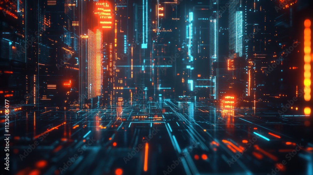 Fototapeta premium Cyberpunk Cityscape: Neon Lights and Digital Architecture