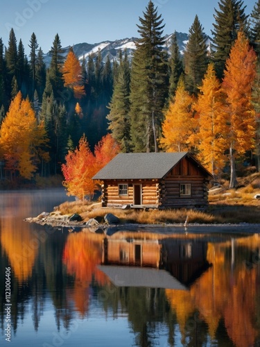 a lonesome mountain lodge in a snowy lake