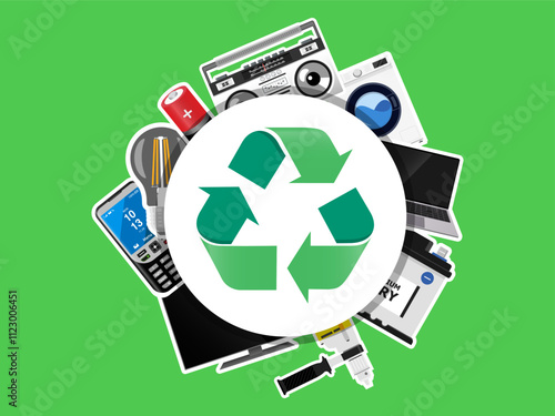 Electronic waste recycling bin vector illustration, e-waste container photo