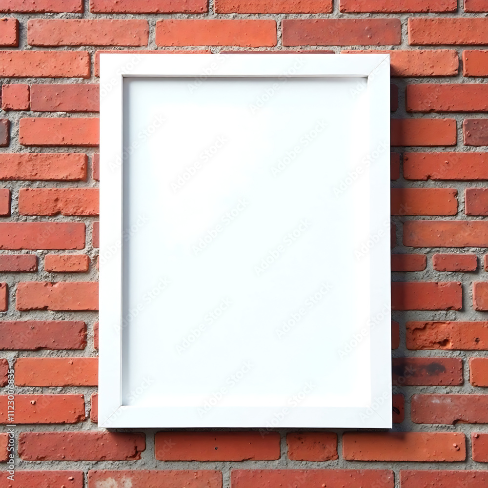 Fototapeta premium An empty white frame on a weathered red brick wall, perfect for showcasing art or advertisements.