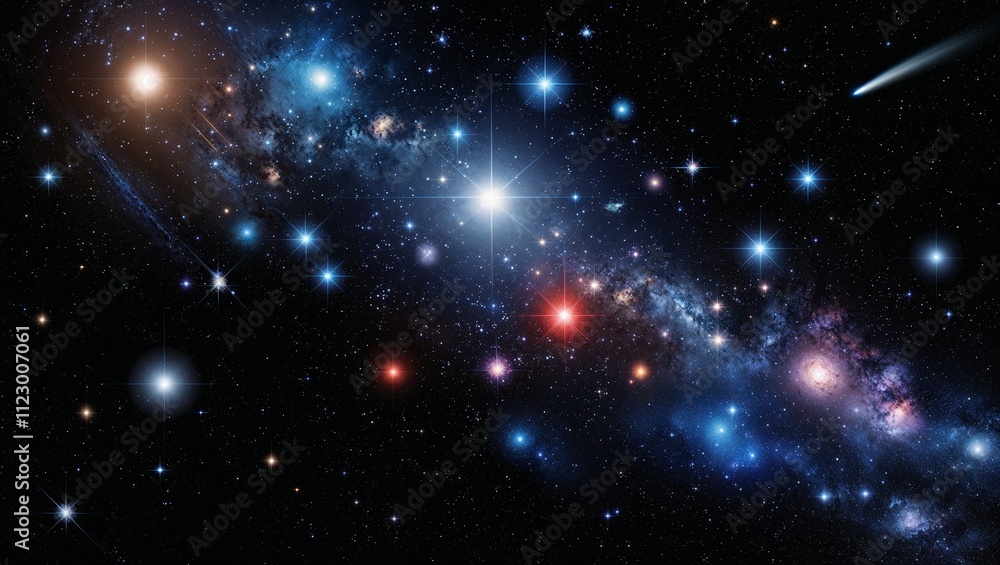 Naklejka premium A mesmerizing star field in the depths of space, millions of light years distant from Earth, featuring a vast expanse of twinkling stars of various sizes and colors. 