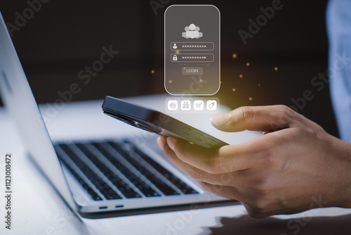 Login screen, Cybersecurity and privacy concepts to protect data. Lock icon and internet network security technology. Businessmen protecting personal data on laptops and virtual interfaces.
