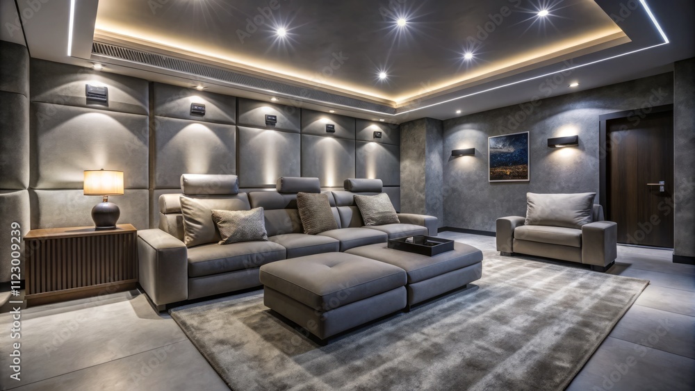 Fototapeta premium Modern Minimalist Home Theater Basement with Soft Gray Walls and Hidden Lighting Showcasing a Cozy and Sophisticated Entertainment Space for Relaxation and Movie Nights