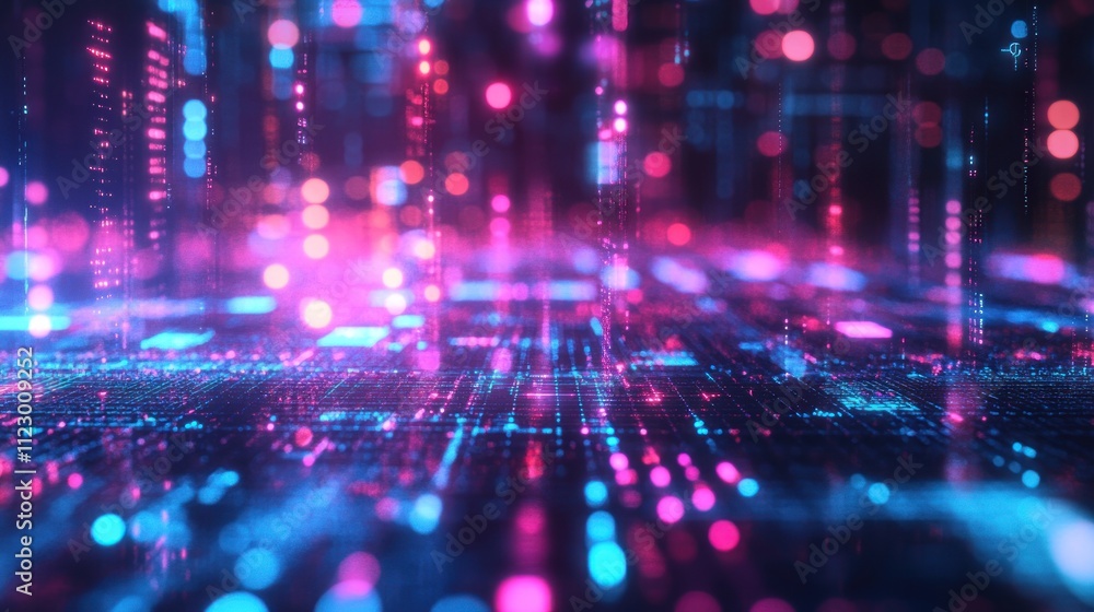 Obraz premium Abstract Digital Landscape: Neon Cityscape of Binary Code