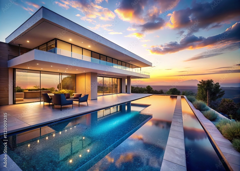 Fototapeta premium Modern Villa with Pristine Infinity Pool and Panoramic Views, Showcasing Minimalist Architecture in Serene Surroundings for Luxurious Living Experience