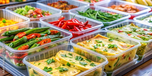 Modern Presentation of Blanched Vegetable Omelet Chaam with Chili Paste in Clear Plastic Boxes, Showcasing Culinary Artistry and Fresh Ingredients for Food Photography photo