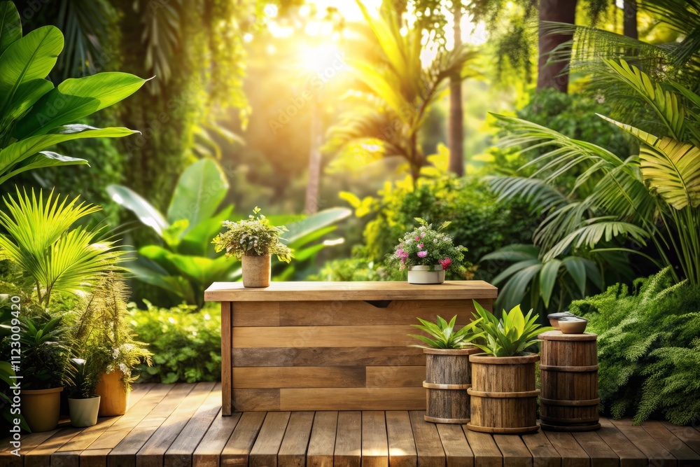 Fototapeta premium Natural Product Display on Wooden Podium in Tropical Garden with Lush Greenery and Golden Sunlight, Perfect for Spring and Summer Promotional Concepts