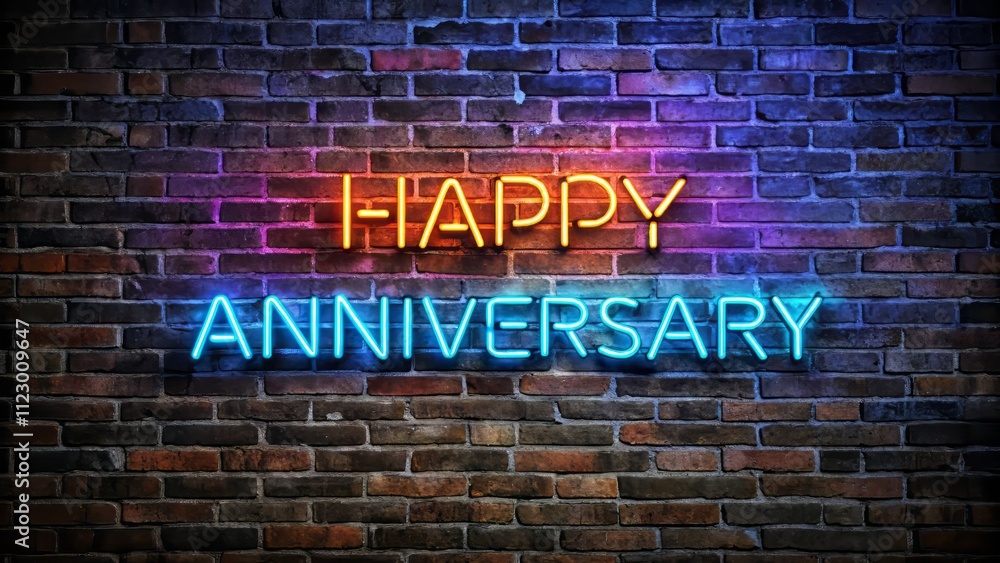 Fototapeta premium Neon Sign Happy Work Anniversary Against a Rustic Brick Wall - Minimalist Photography for Celebrating Milestones in the Workplace
