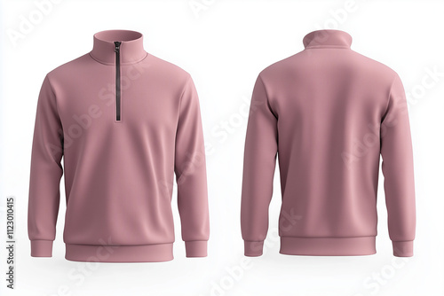 Blank 3D mockup of men's pink sports sweatshirt with quarter zip, front and back view, isolated on white background