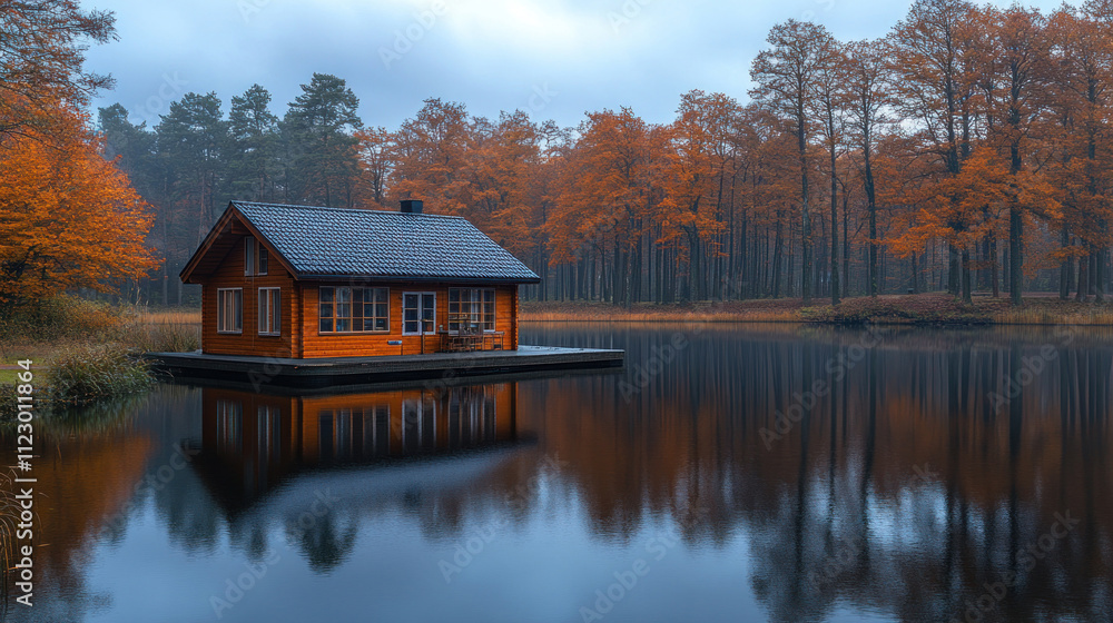 Obraz premium A tranquil landscape of a wooden cabin by a lake, with autumn trees and reflections in the water