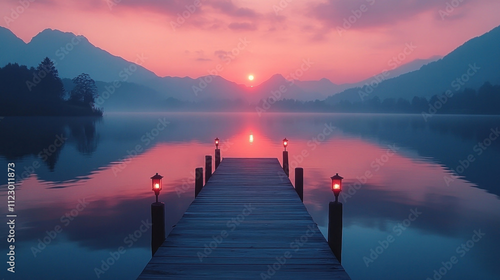 Obraz premium A tranquil scene of a dock extending into a calm lake, with mountains and soft pink skies in the distance