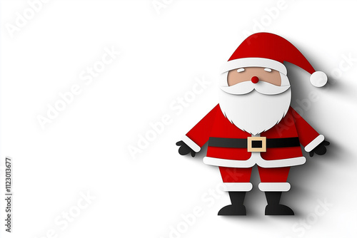 Santa Claus in a playful paper cutout style with a white background and copy space