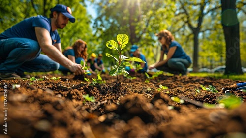 Volunteers work together to plant trees in a community park during a sunny spring afternoon