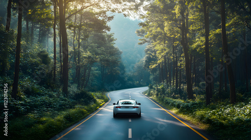 EV Car driving Driving through the forest, Electric car driving environment firendly, green technology and clean energy photo