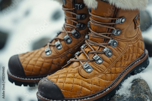 Close-up of fashionable winter boots showcasing their quilted leather design and fur lining, placed on snow-covered rocks photo